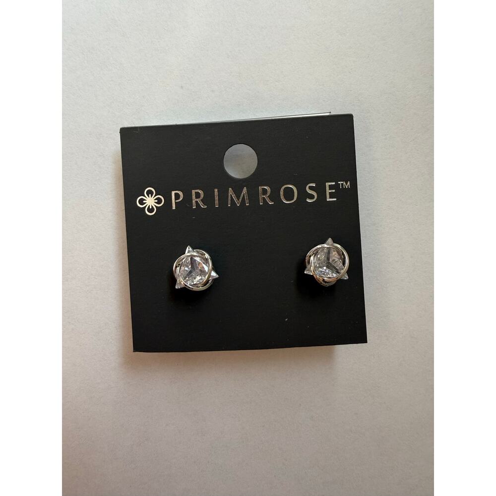 Primrose Silver Tone Clear Crystal Stud Earrings Sparkly Minimalist